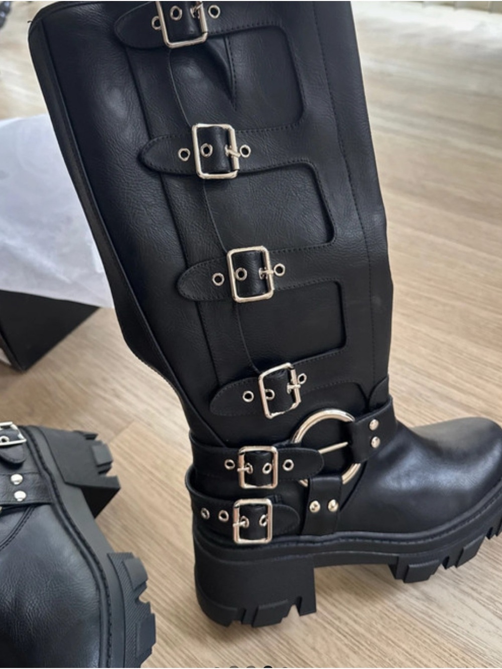 Fashion Nova Black Over-the-Knee Lug Boots with Buckles & Ring Detail - Picture 3 of 9